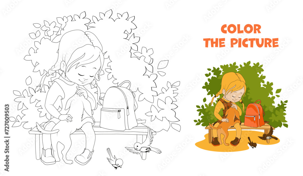 Fototapeta premium Cute schoolgirl with pigtails petting a puppy while sitting on a park bench in summer. Coloring page. Cartoon vector illustration.