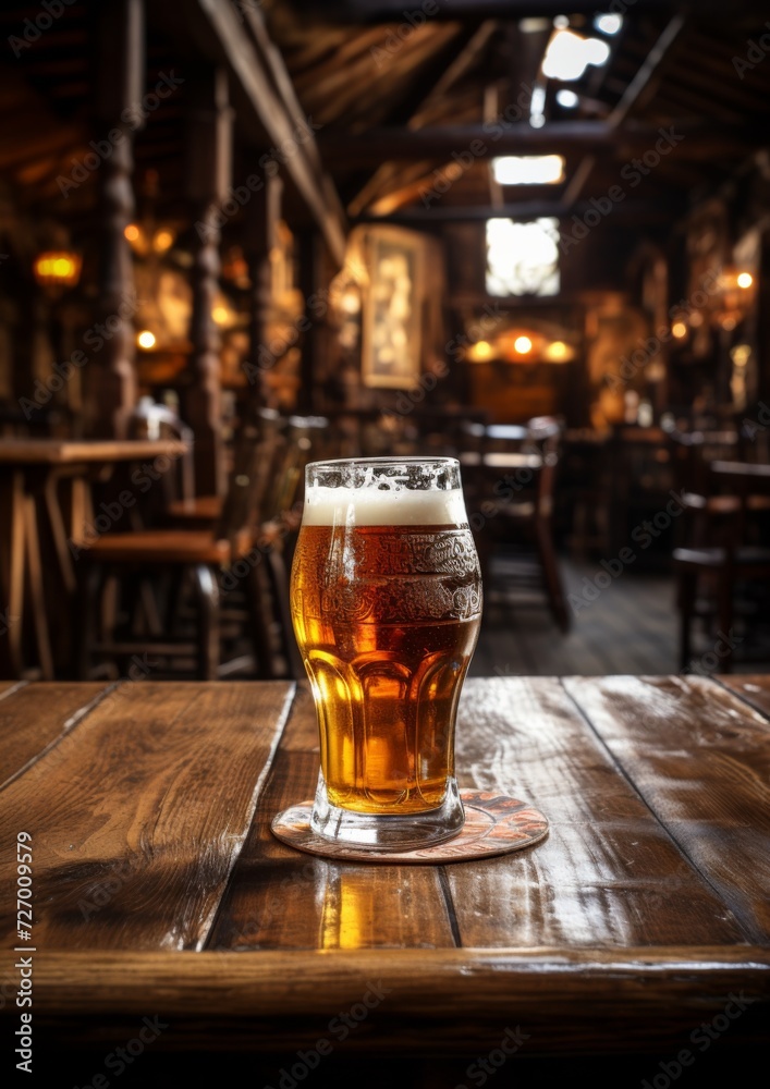 A glass of beer on a wooden table in a pub. Generative AI.