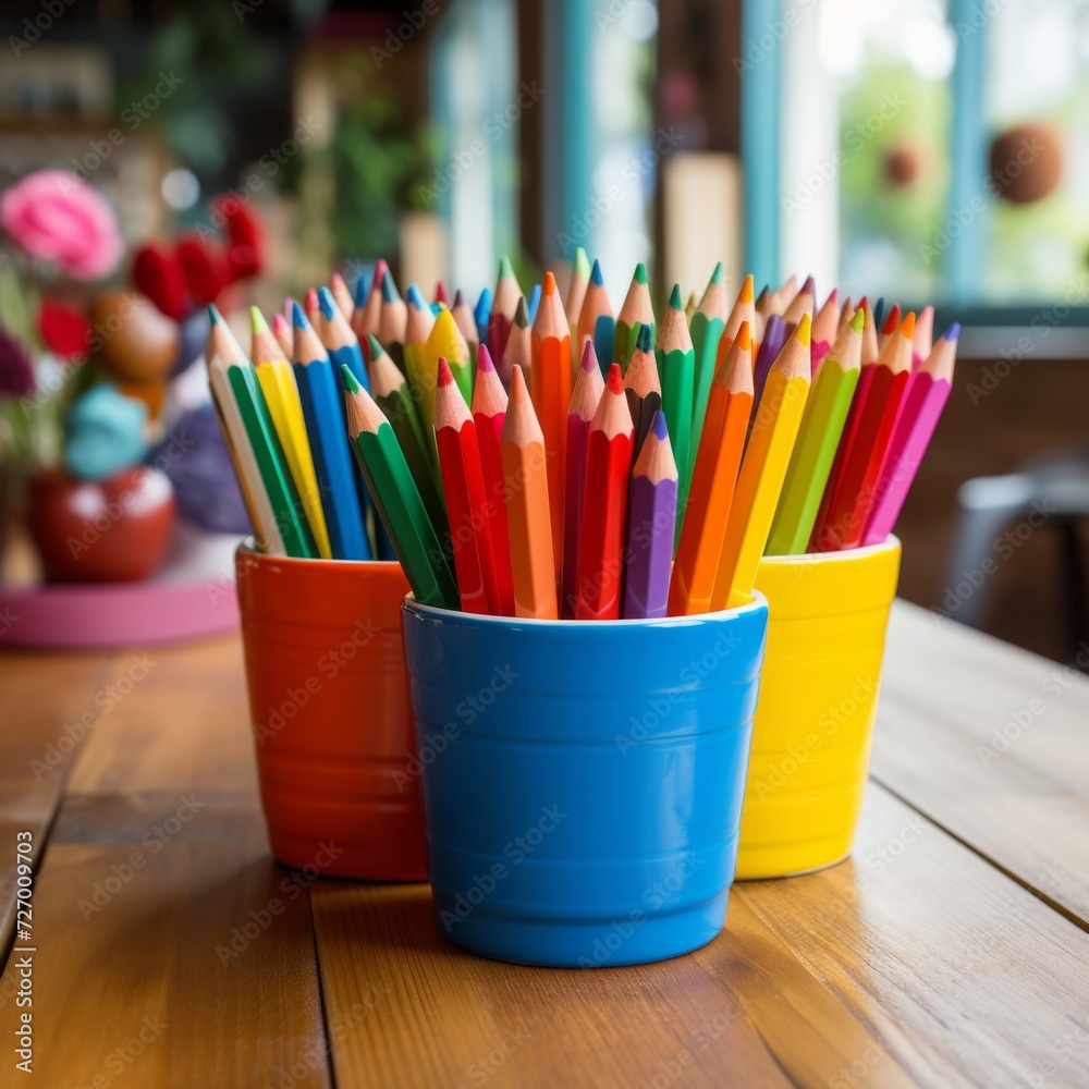 Colored crayons in a cup placed on a table in the interior of a kindergarten. Generative AI. Colored crayons in a cup placed on a table in the interior of a kindergarten. Generative AI.