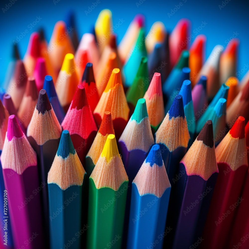 Colored crayons on a blue background. Generative AI. Colored crayons on a blue background. Generative AI.