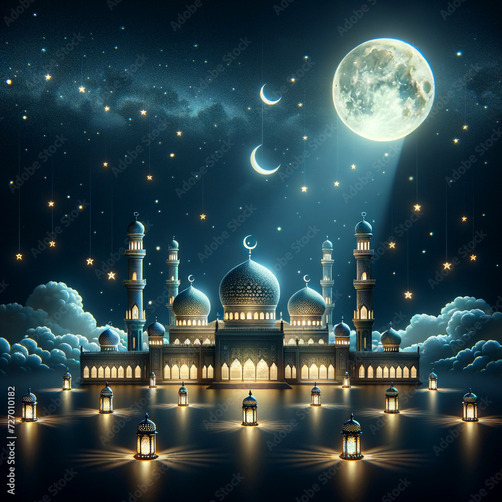 Beautifull Islamic mosque with moon stars lanterns at night Ramadan kareem Eid Mubarak greeting 8