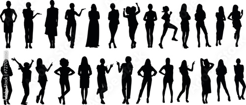 stylish women Silhouette in diverse poses, collection of woman showcasing fashion and elegance on a white background, perfect for design, art, and fashion projects photo