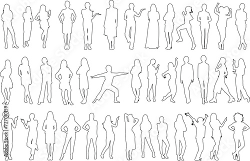 woman outlines in diverse poses Vector illustration  perfect for fashion design  animation storyboard. Showcases standing  walking postures  capturing essence of movement