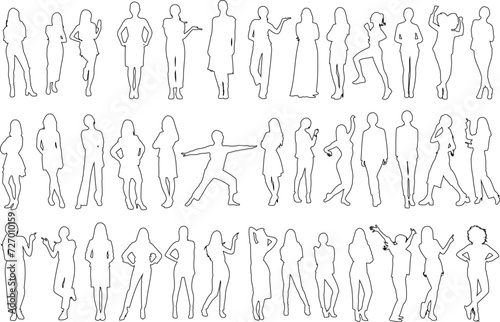 woman outlines in diverse poses Vector illustration, perfect for fashion design, animation storyboard. Showcases standing, walking postures, capturing essence of movement