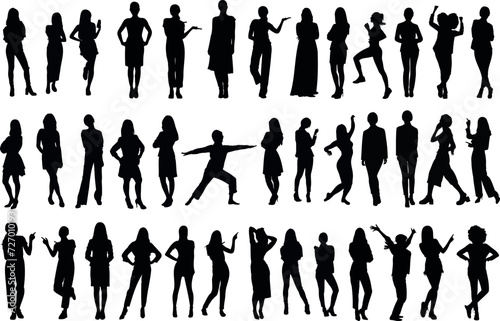 woman silhouettes, Versatile collection of women showcasing diverse poses, fashion styles, ideal for design projects. High quality vector images, perfect for standing, walking, dancing illustrations