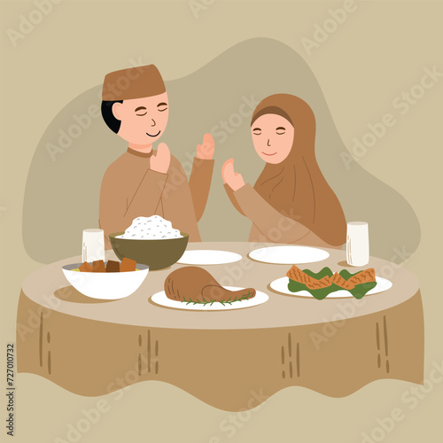 Muslim family Praying Before having Iftar or Suhoor Ramadan kareem cartoon illustration