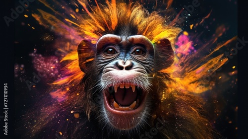 Monkey Colorful Explosion depicts a monkey amidst vibrant, exploding colors. A dynamic visual spectacle AI Generated