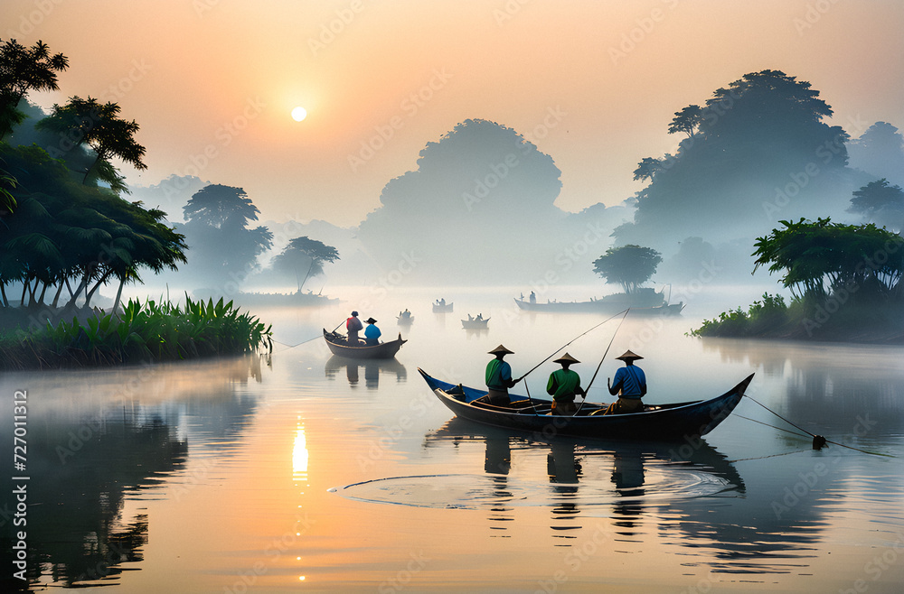Misty Morning Catch: Traditional Boats and Fishermen Engaged in the Tranquil Dance of Sunrise Over Calm Waters. generative AI