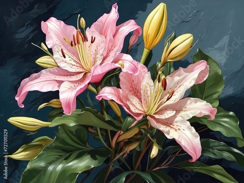 Beauty of botanic lily flowers in a stunning oil brush paint illustration on canvas. 