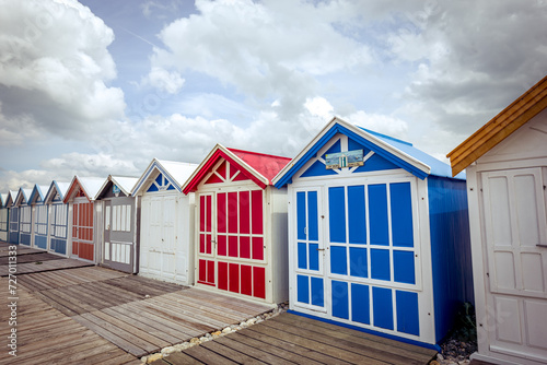 Colorful beach huts in Cayeux, Normandy, France photo