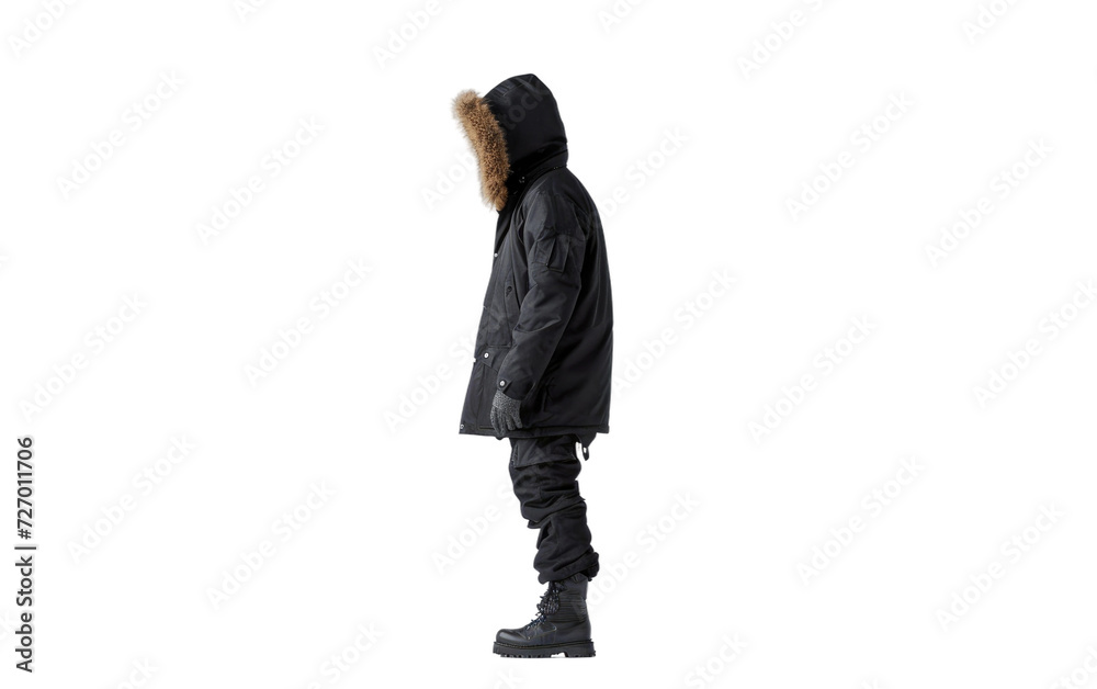 A man wear eskimo parka black coat Isolated on transparent background.