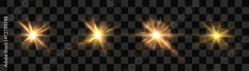 Glowing light explodes, light flash golden color. Beam of the shining sun. Special glare light effect. Bright flash.