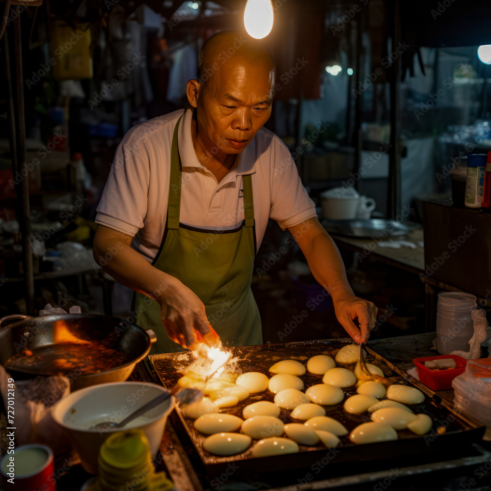lifestyle photo night market vendor cooks eggs.
