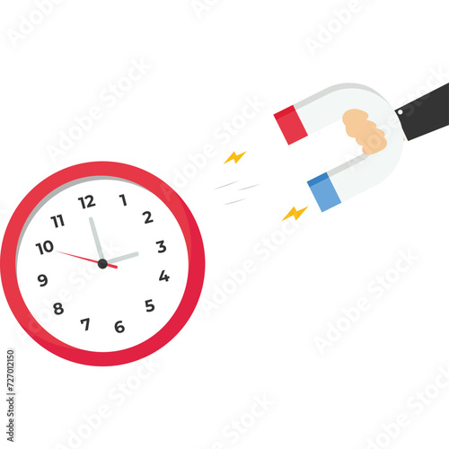 Time management, smart businessman using magnet to stop clock hand metaphor of time manipulation.

