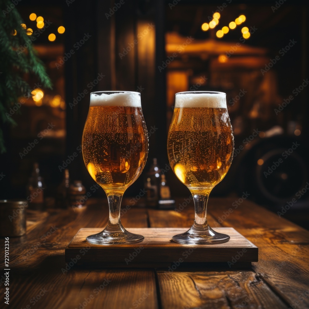 Two glasses of beer on a wooden table in a pub. Generative AI. Two glasses of beer on a wooden table in a pub. Generative AI.