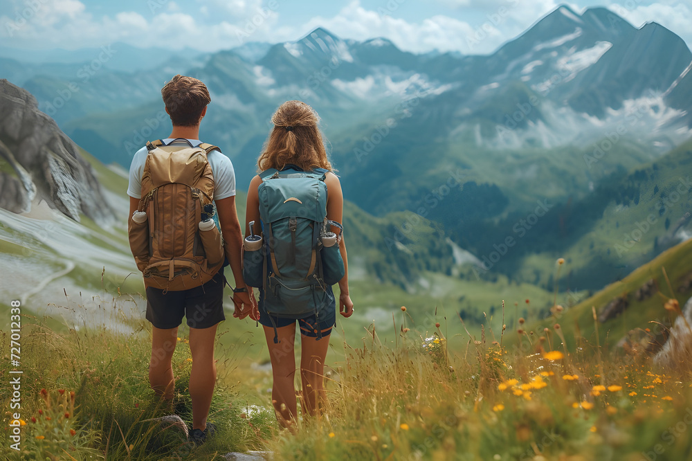 A hiking couple enjoying a mountain adventure together.