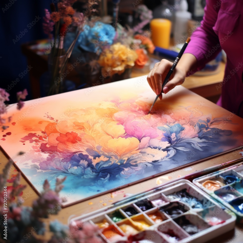 A beautiful abstract painting painted by a female hand with tempera colors. Generative AI. A beautiful abstract painting painted by a female hand with tempera colors. Generative AI.