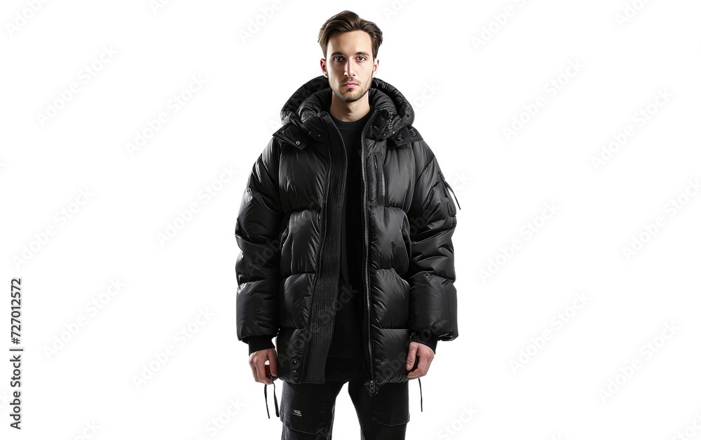 A man wear puffer jacket black Isolated on transparent background.