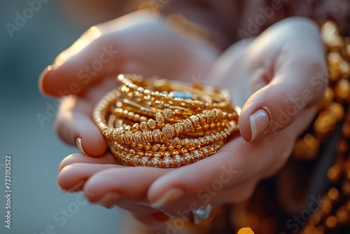 Close shot of a hand holding gold jewelry in hand with empty space, Generative AI.