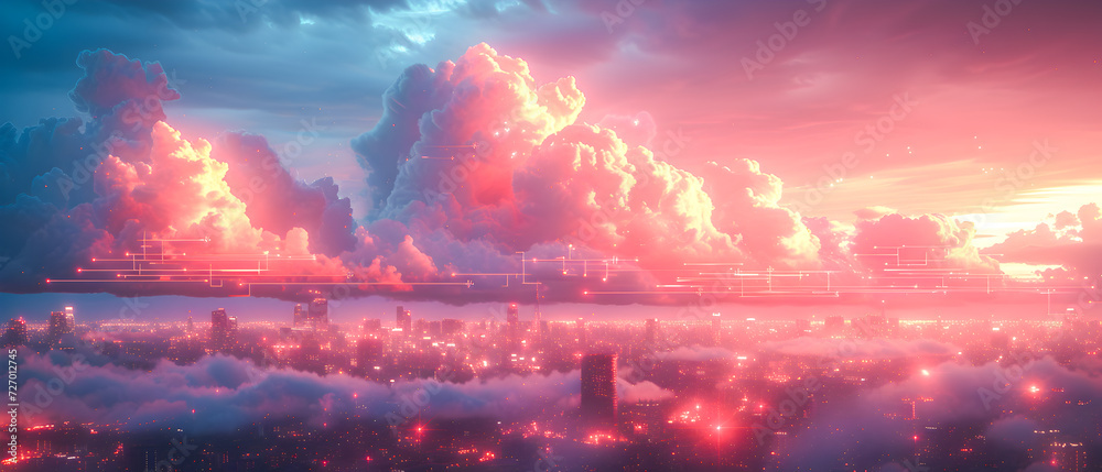A breathtaking vista of vibrant clouds over a cityscape, symbolizing urban growth and dynamic weather.
