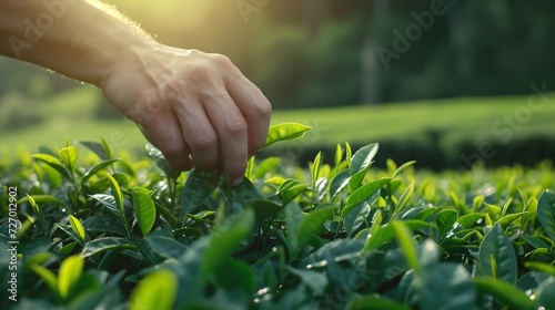Close-up of a hand harvesting fresh tea leaves in an organic, natural green tea farm, Generative AI.