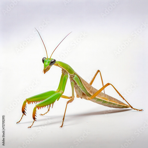 lifestyle photo profile of praying mantis sitting on white.