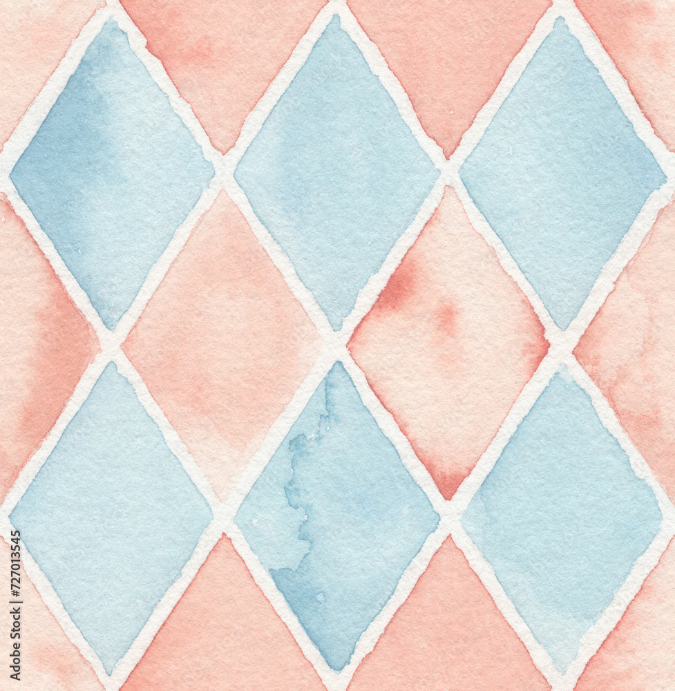 Fototapeta premium Blue And Red Watercolor Harlequin Check Seamless Pattern And Background