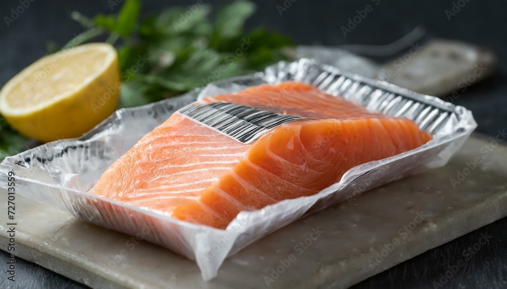 Sliced salmon fish in market packacge with barcode and some fresh herbs Sliced salmon fish in market packacge with barcode and some fresh herbs