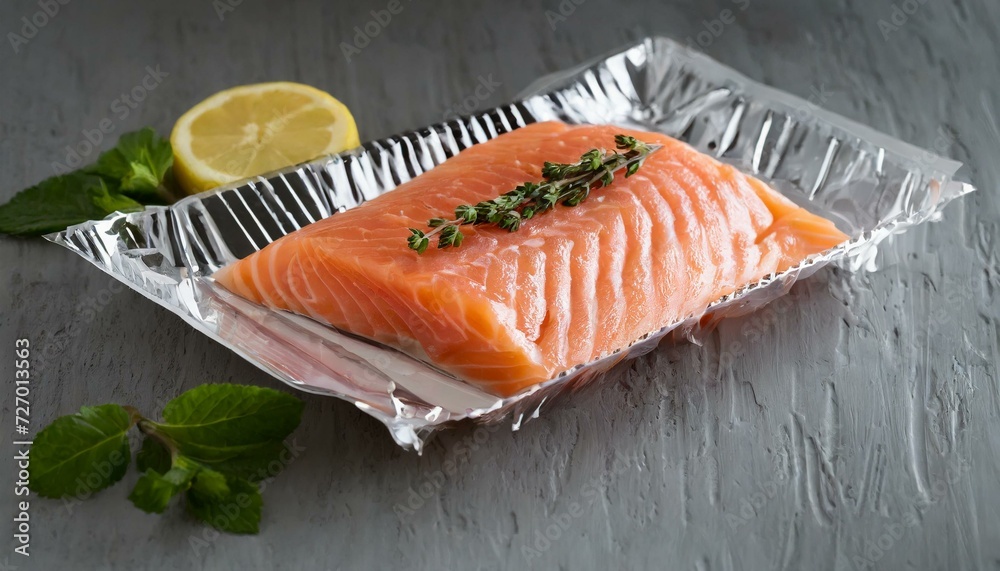 Sliced salmon fish in market packacge with barcode and some fresh herbs Sliced salmon fish in market packacge with barcode and some fresh herbs