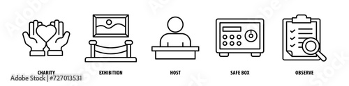 Set of Observe, Safe Box, Host, Exhibition, Charity icons, a collection of clean line icon illustrations with editable strokes for your projects