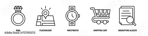 Set of Magnifying Glass, Shopping Cart, Wristwatch, Placeholder, Ring icons, a collection of clean line icon illustrations with editable strokes for your projects