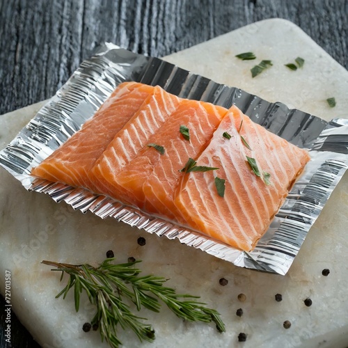 Sliced salmon fish in market packacge with barcode and some fresh herbs