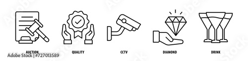 Set of Drink, Diamond, Cctv, Quality, Auction icons, a collection of clean line icon illustrations with editable strokes for your projects