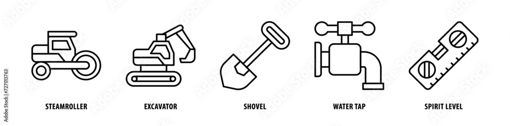 Set of Spirit Level, Water Tap, Shovel, Excavator, Steamroller icons, a collection of clean line icon illustrations with editable strokes for your projects Set of Spirit Level, Water Tap, Shovel, Excavator, Steamroller icons, a collection of clean line icon illustrations with editable strokes for your projects