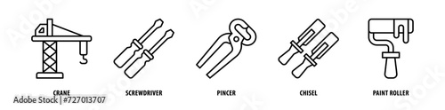 Set of Paint Roller, Chisel, Pincers, Screwdriver, Crane icons, a collection of clean line icon illustrations with editable strokes for your projects