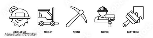 Set of Paint Brush, Painter, Pickaxe, Forklift, Circular Saw icons, a collection of clean line icon illustrations with editable strokes for your projects
