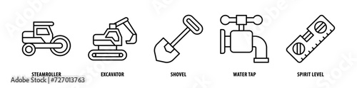 Set of Spirit Level, Water Tap, Shovel, Excavator, Steamroller icons, a collection of clean line icon illustrations with editable strokes for your projects