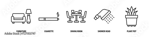 Set of Plant Pot, Shower Head, Dining Room, Cigarette, Furniture icons, a collection of clean line icon illustrations with editable strokes for your projects