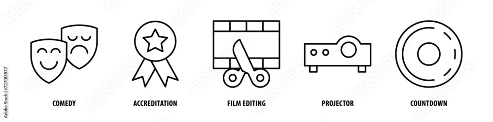 Set of Countdown, Projector, Film Editing, Accreditation, Comedy icons, a collection of clean line icon illustrations with editable strokes for your projects Set of Countdown, Projector, Film Editing, Accreditation, Comedy icons, a collection of clean line icon illustrations with editable strokes for your projects