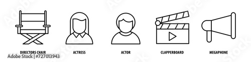 Set of Megaphone, Clapperboard, Actor, Actress, Director'S Chair icons, a collection of clean line icon illustrations with editable strokes for your projects
