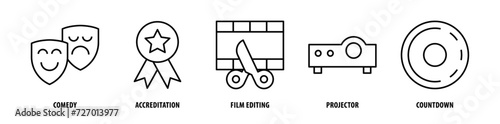 Set of Countdown, Projector, Film Editing, Accreditation, Comedy icons, a collection of clean line icon illustrations with editable strokes for your projects