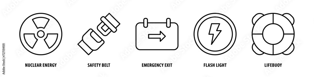 Set of Lifebuoy, Flashlight, Emergency Exit, Safety Belt, Nuclear Energy icons, a collection of clean line icon illustrations with editable strokes for your projects Set of Lifebuoy, Flashlight, Emergency Exit, Safety Belt, Nuclear Energy icons, a collection of clean line icon illustrations with editable strokes for your projects