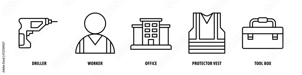 Set of Tool Box, Protector Vest, Office Worker, Driller icons, a collection of clean line icon illustrations with editable strokes for your projects Set of Tool Box, Protector Vest, Office Worker, Driller icons, a collection of clean line icon illustrations with editable strokes for your projects