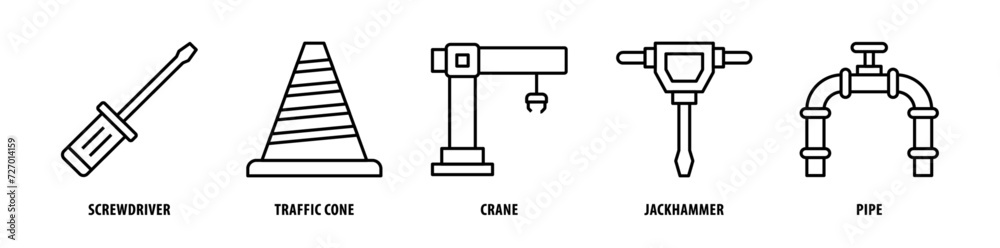 Set of Pipe, Jackhammer, Crane, Traffic Cone, Screwdriver icons, a collection of clean line icon illustrations with editable strokes for your projects Set of Pipe, Jackhammer, Crane, Traffic Cone, Screwdriver icons, a collection of clean line icon illustrations with editable strokes for your projects