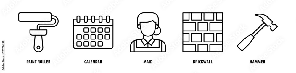 Set of Hammer, Brick Wall, Maid, Calendar, Paint Roller icons, a collection of clean line icon illustrations with editable strokes for your projects Set of Hammer, Brick Wall, Maid, Calendar, Paint Roller icons, a collection of clean line icon illustrations with editable strokes for your projects