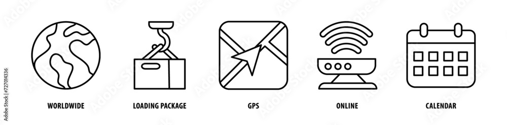 Set of Calendar, Online, Gps, Loading Package, Worldwide icons, a collection of clean line icon illustrations with editable strokes for your projects Set of Calendar, Online, Gps, Loading Package, Worldwide icons, a collection of clean line icon illustrations with editable strokes for your projects