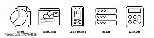 Set of Calculator, Storage, Mobile Tracking, Web Tracking, Report icons, a collection of clean line icon illustrations with editable strokes for your projects