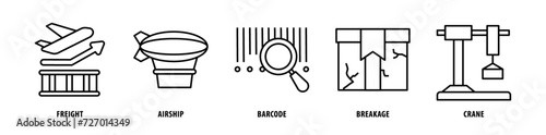 Set of Crane, Breakage, Barcode, Airship, Freight icons, a collection of clean line icon illustrations with editable strokes for your projects