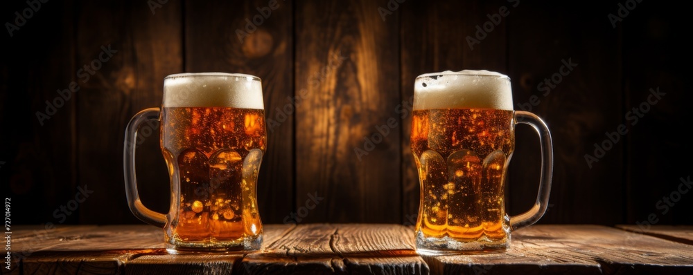 Two glasses of beer on a wooden table in a pub. Generative AI. Two glasses of beer on a wooden table in a pub. Generative AI.