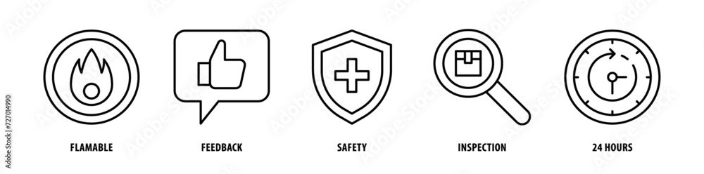 Set of 24 Hours, Inspection, Safety, Feedback, Flammable icons, a collection of clean line icon illustrations with editable strokes for your projects Set of 24 Hours, Inspection, Safety, Feedback, Flammable icons, a collection of clean line icon illustrations with editable strokes for your projects